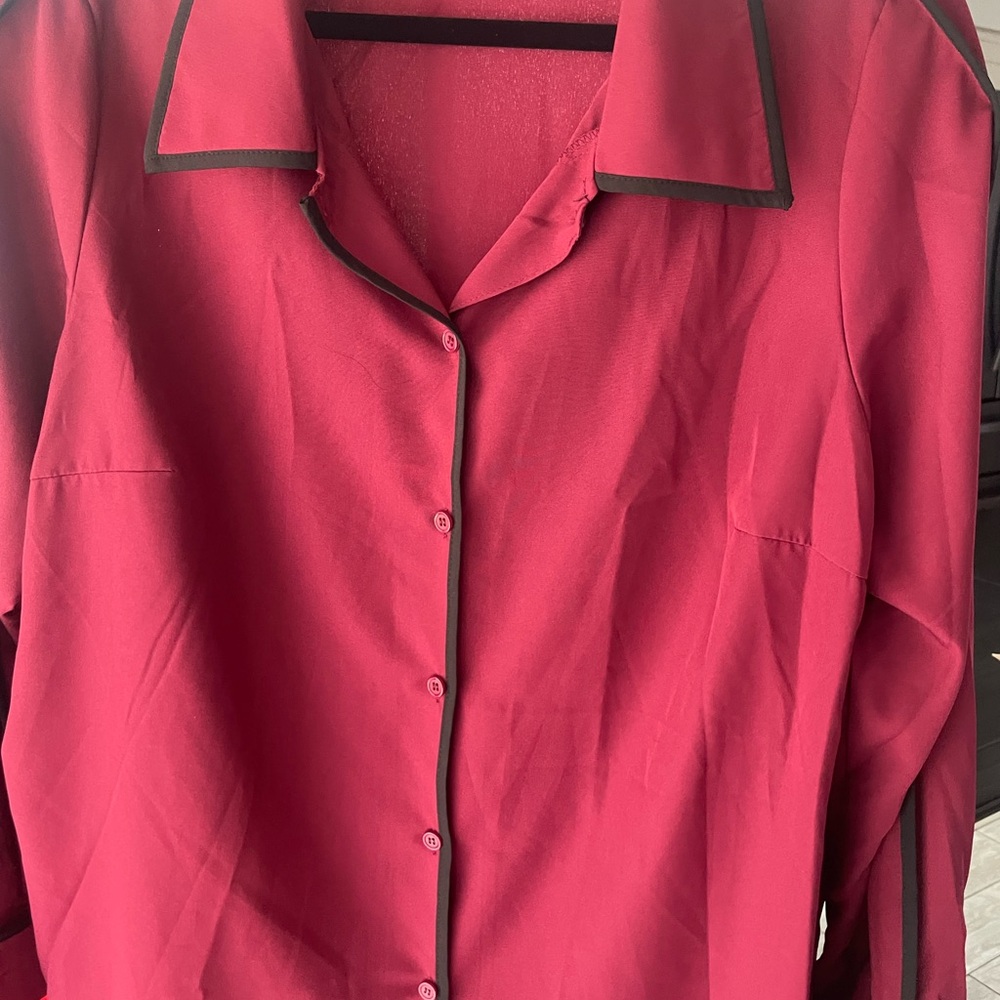 SHEIN Curve Wine Red Blouse with Black Trim